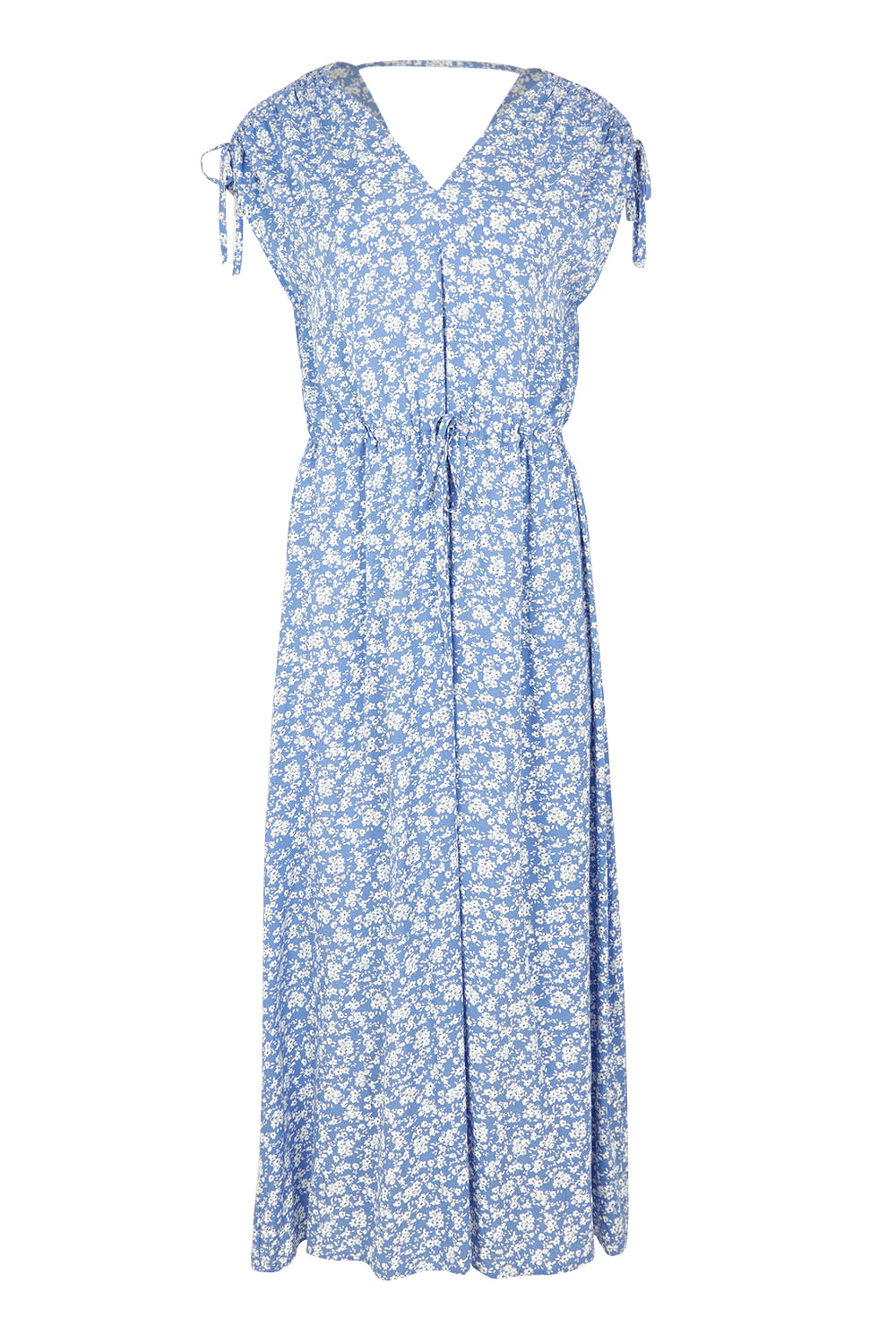 Product shot of The Drawstring Printed Maxi Dress in colour Wedgewood (Blue), from the front