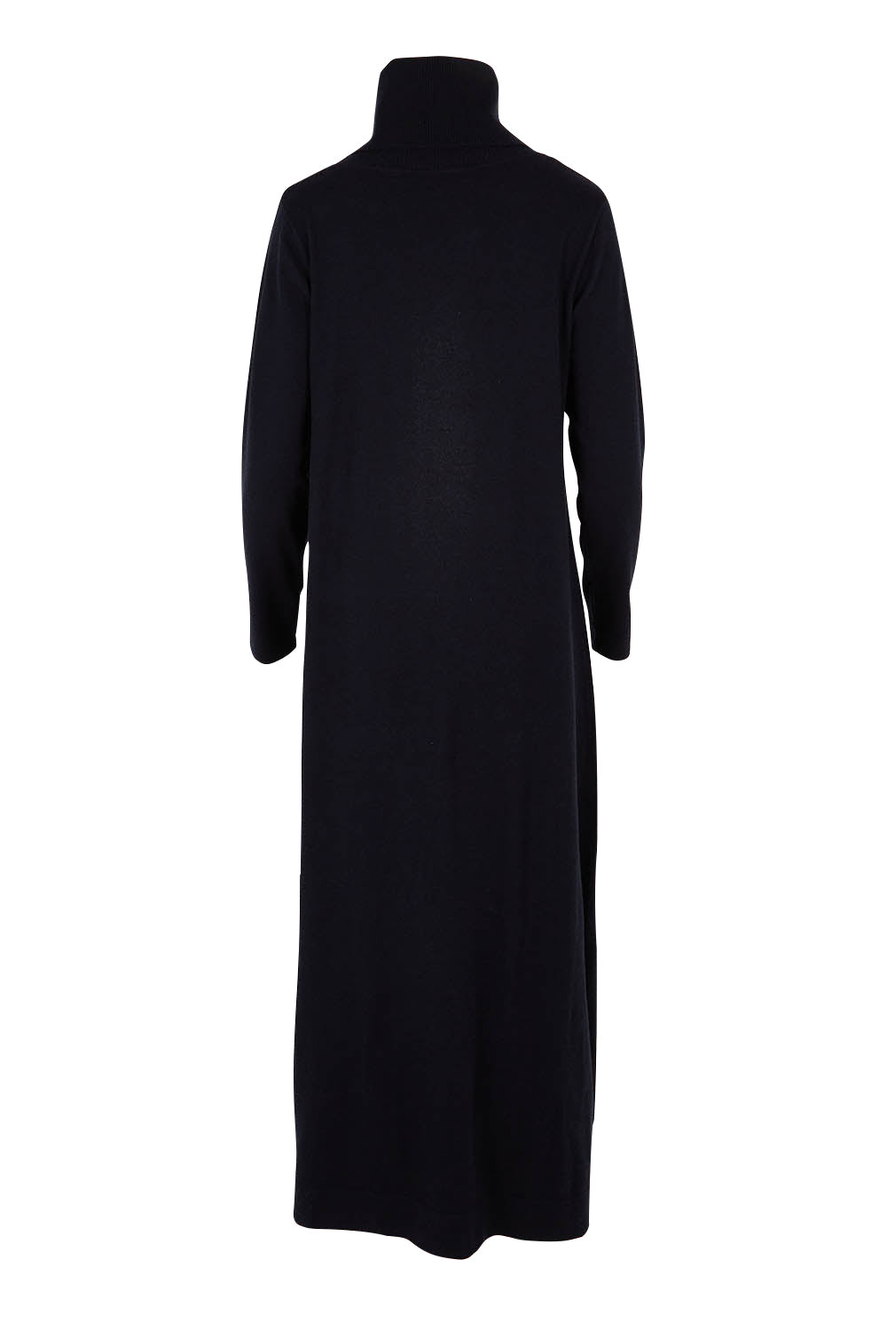 Product shot of The Roll Neck Knit Maxi Dress in colour Darknavy (Blue), from the back