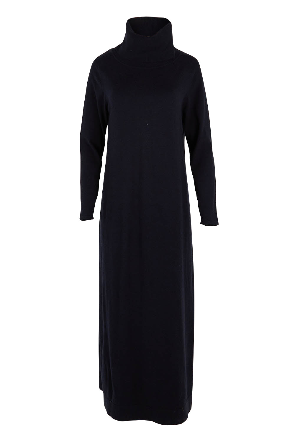 Product shot of The Roll Neck Knit Maxi Dress in colour Darknavy (Blue), from the front