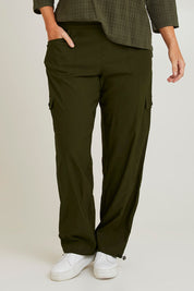 Model Laura wearing size 14 of The Everyday Full Length Cargo Pant in colour Olive (Green), from the front, cropped image