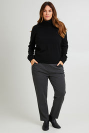 Model Laura wearing size 14 of The Easy Wear Ponte Pant in colour Charcoal (Grey), from the front, showing the whole outfit