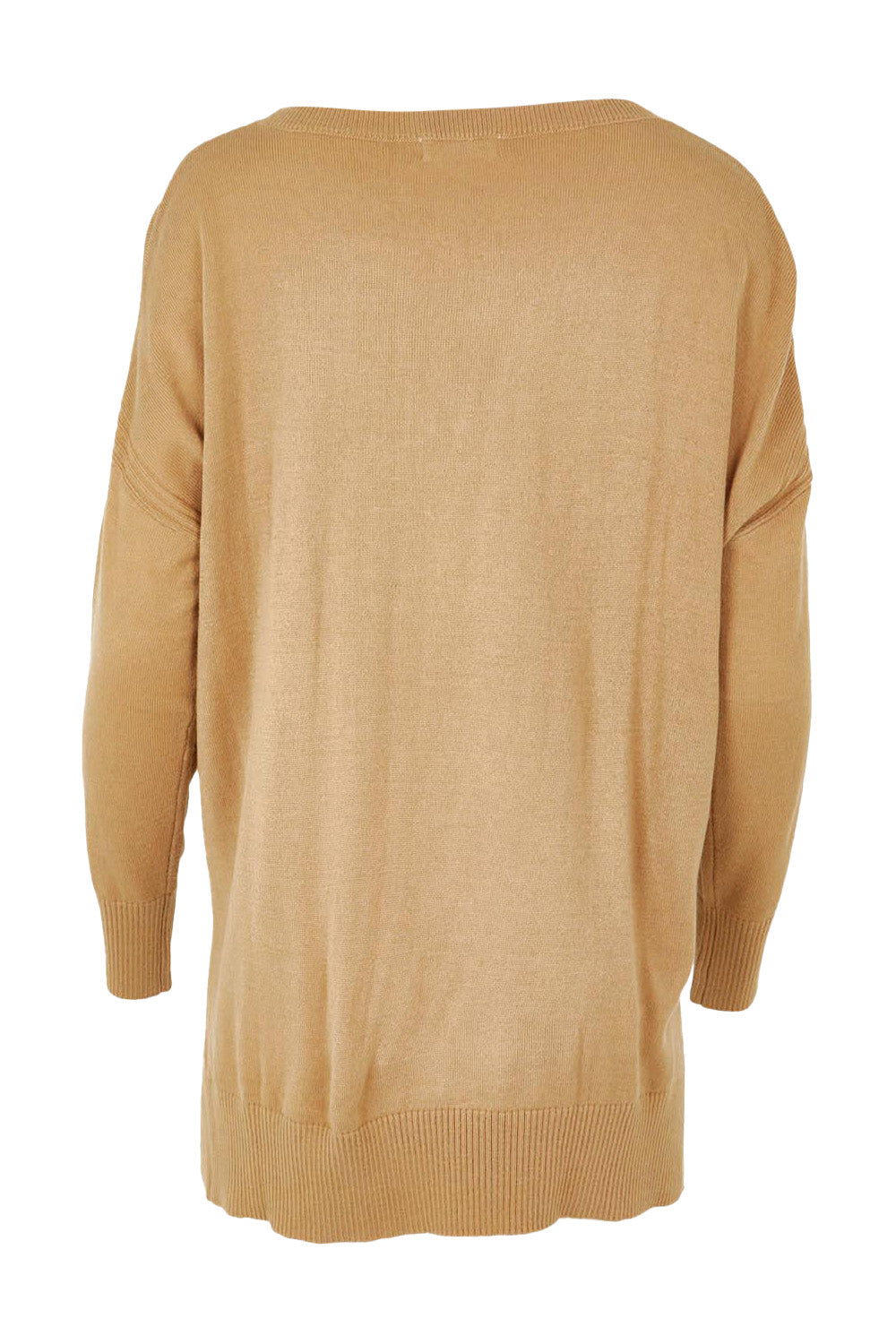 Product shot of The High Low V Neck Jumper in colour Fawn, from the back