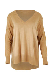 Product shot of The High Low V Neck Jumper in colour Fawn, from the front