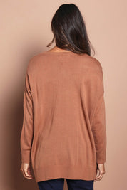 Model Amanda wearing size S of The High Low V Neck Jumper in colour Mushroom, from the back