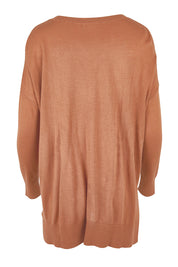 Product shot of The High Low V Neck Jumper in colour Mushroom, from the back