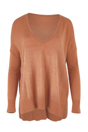 Product shot of The High Low V Neck Jumper in colour Mushroom, from the front