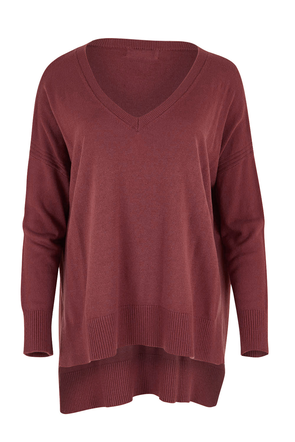 Product shot of The High Low V Neck Jumper in colour Smokeyrose (Pink), from the front