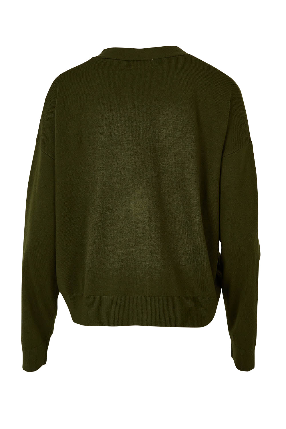 Product shot of The Soft Cropped Cardigan in colour Darkolive (Green), from the back