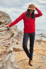 Model Amanda wearing size 10 of The Keepers Cord Pull On Pant in colour Bluesteel (Blue), from the front, showing the whole outfit