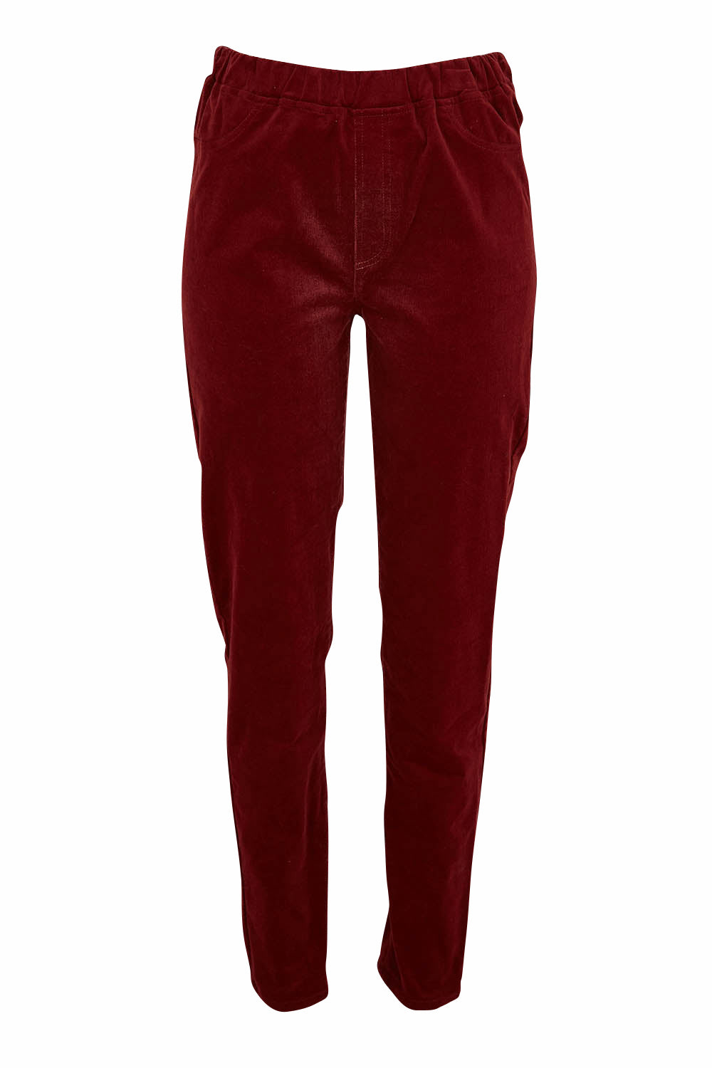 Product shot of The Keepers Cord Pull On Pant in colour Shiraz (Red), from the front