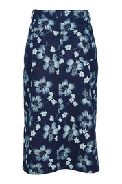 Product shot of The 5 Pocket Printed Midi Skirt in colour Denim (Blue), from the back