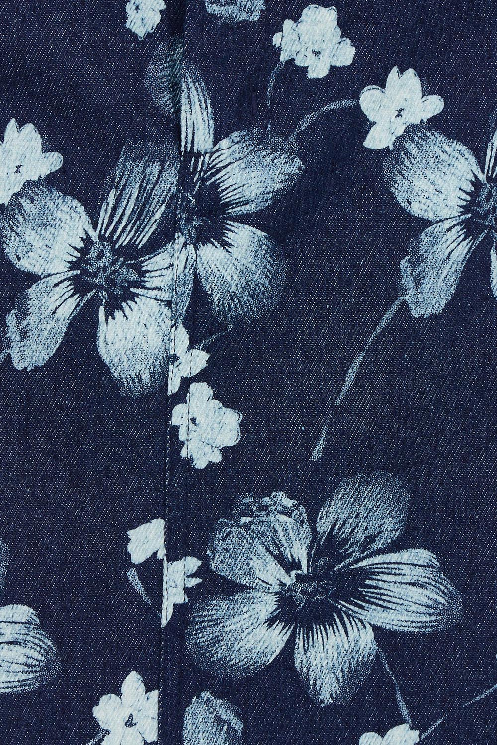 Product shot of The 5 Pocket Printed Midi Skirt in colour Denim (Blue), detail