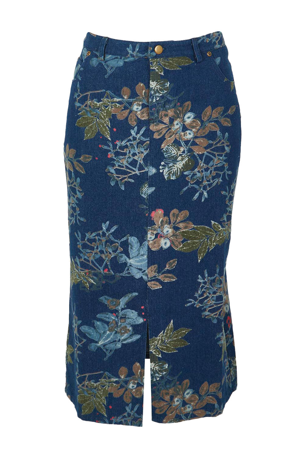 Product shot of The 5 Pocket Printed Midi Skirt in colour Winterblue (Blue), from the back