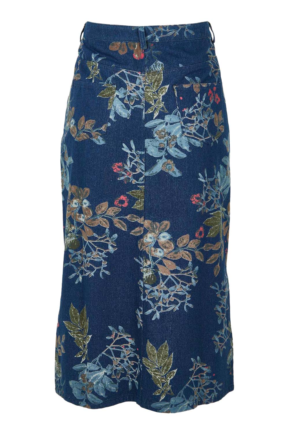 Product shot of The 5 Pocket Printed Midi Skirt in colour Winterblue (Blue), from the front