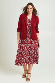 Model Jane wearing size 14 of The Everyday Ponte Blazer in colour Wildberry (Red), from the front, showing the whole outfit