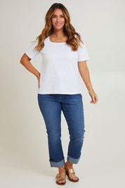 Model Laura wearing size 14 of The Keepers Square Neck Tee in colour White (White), from the front, showing the whole outfit