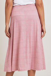 Model Terri-Leigh wearing size 14 of The Bamboo Blend Print Fit & Flare Skirt in colour Pinkblush (Pink), from the back