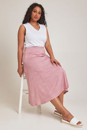 Model Terri-Leigh wearing size 14 of The Bamboo Blend Print Fit & Flare Skirt in colour Pinkblush (Pink), from the front, showing the whole outfit