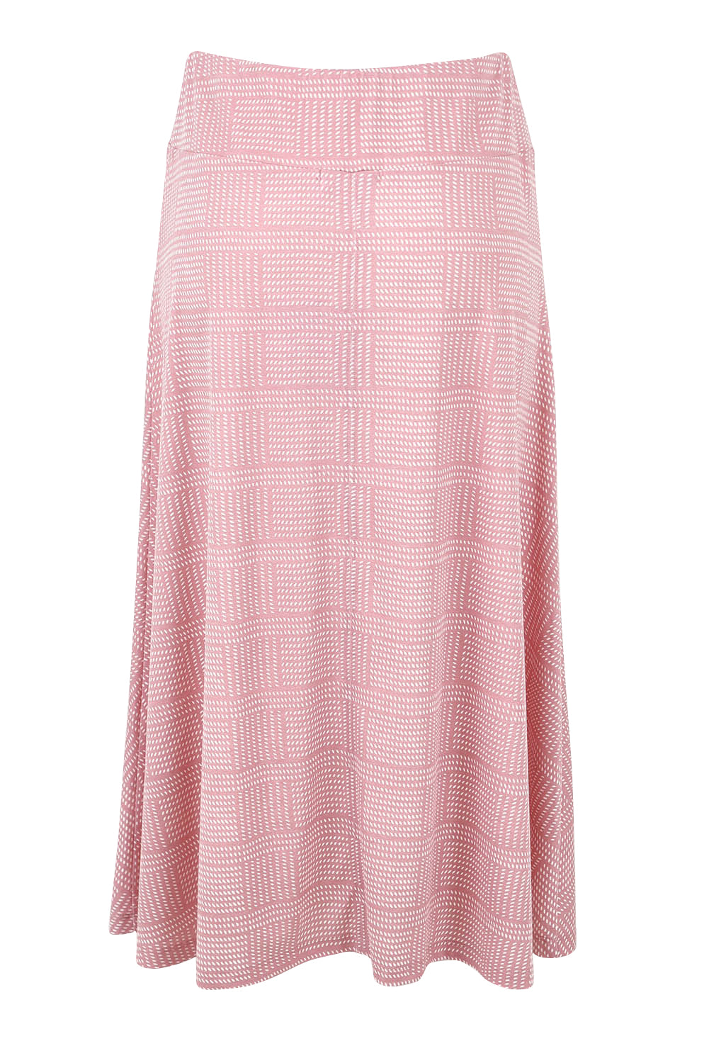 Product shot of The Bamboo Blend Print Fit & Flare Skirt in colour Pinkblush (Pink), from the back