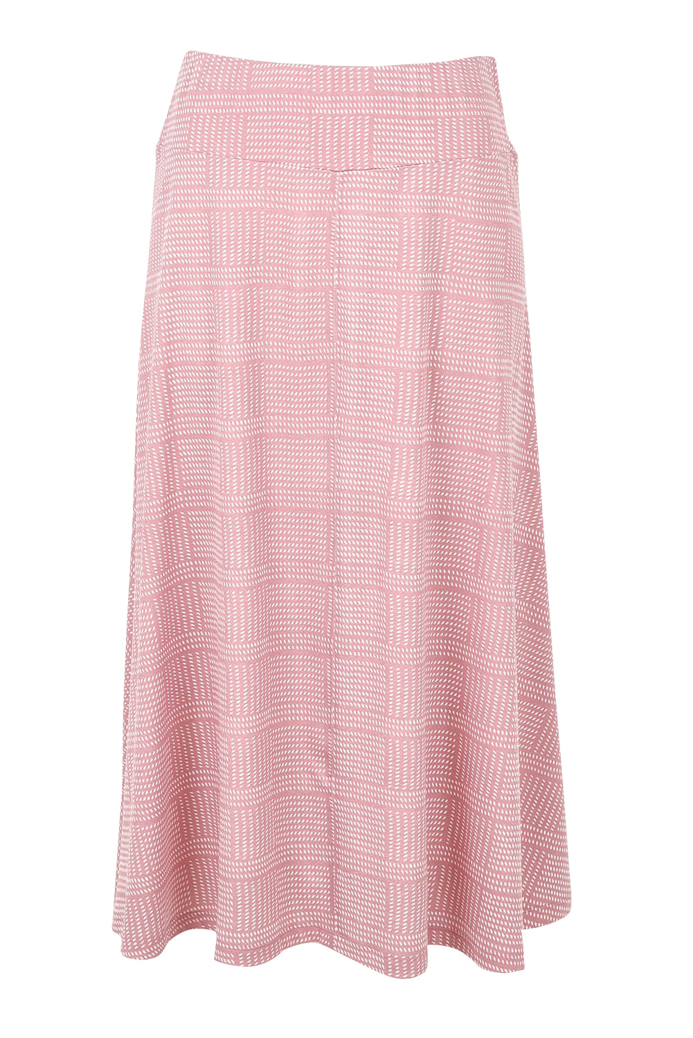 Product shot of The Bamboo Blend Print Fit & Flare Skirt in colour Pinkblush (Pink), from the front