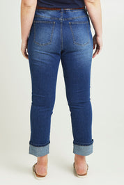 Model Jane wearing size 14 of The High Waisted Cuff Jean in colour Mediumblue (Blue), from the back