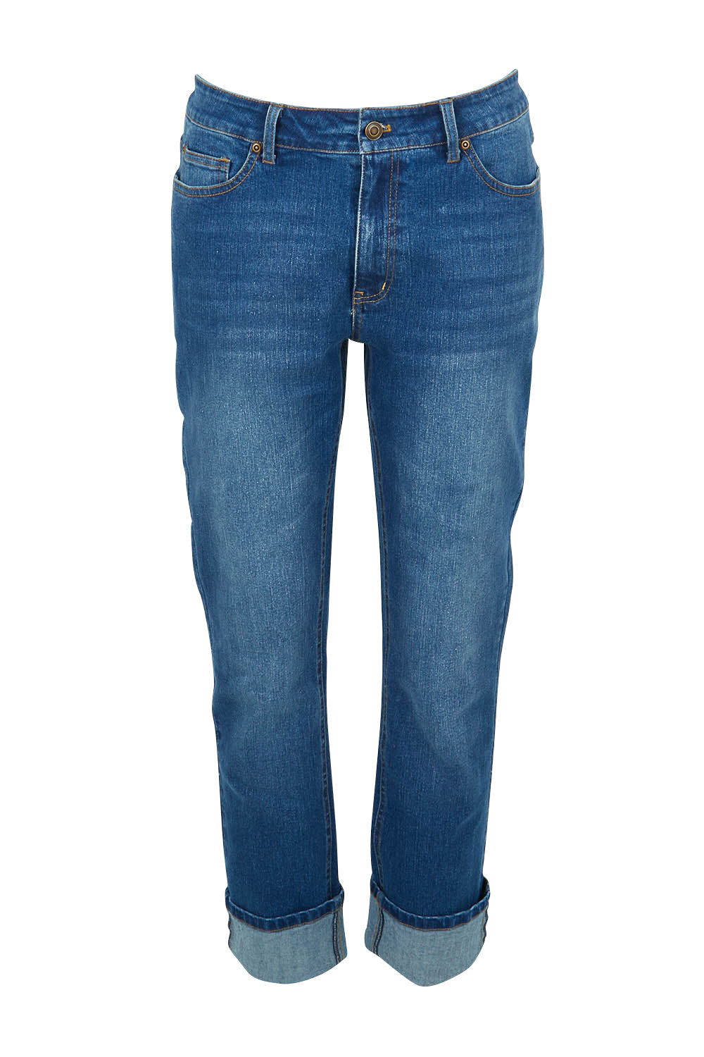 Product shot of The High Waisted Cuff Jean in colour Mediumblue (Blue), from the front