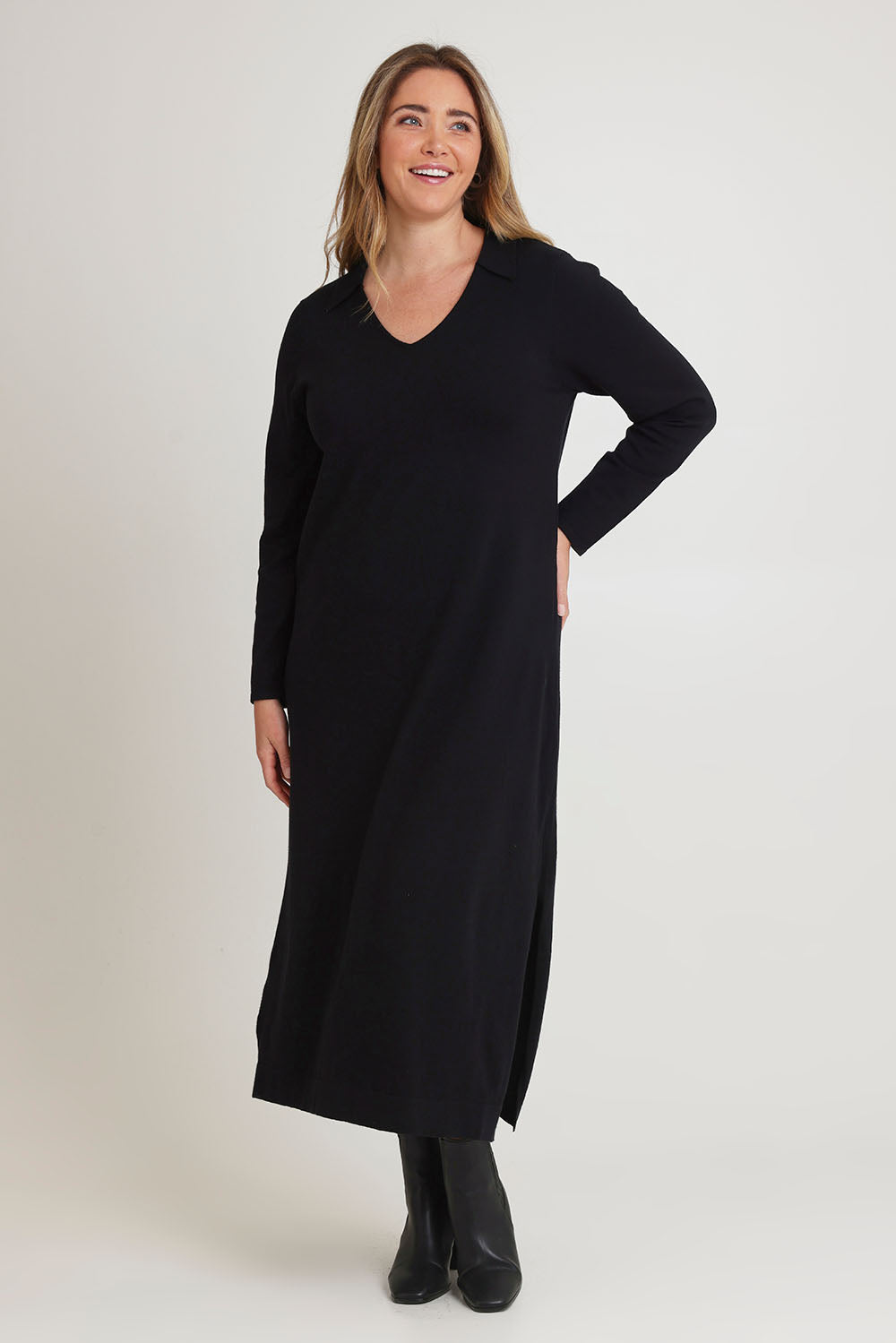 Model Chanel wearing size XL of The Comfort True Knit Johnny Collar Dress in colour Black (Black), from the front, showing the whole outfit