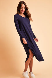 Model Madeline wearing size 10 of The Keepers Tee Maxi Dress in colour Darknavy (Blue), from the front, showing the whole outfit