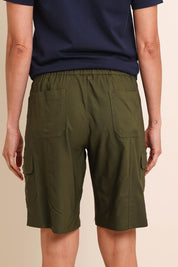 Model Amandam wearing size 10 of the The Utility Shorts  - Olive in colour Olive, from the back