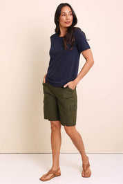 Model Amandam wearing size 10 of the The Utility Shorts  - Olive in colour Olive, from the front