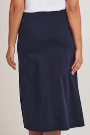 Model Terri-Leigh wearing size 14 of The Tencel Blend Pull On  Skirt in colour Navy (Blue), from the back