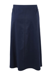 Product shot of The Tencel Blend Pull On  Skirt in colour Navy (Blue), from the back