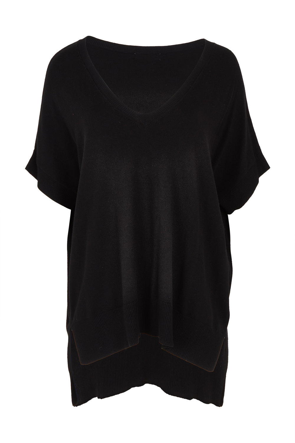 Product shot of The All Season V Neck High Low Tee in colour Black (Black), from the front