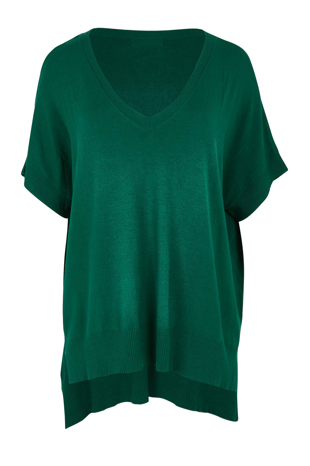 Product shot of The All Season V Neck High Low Tee in colour Cactus (Green), from the front