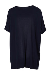 Product shot of The All Season V Neck High Low Tee in colour Darklapis (Blue), from the back