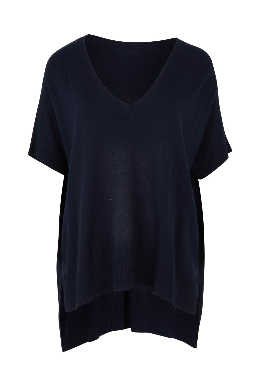 Product shot of The All Season V Neck High Low Tee in colour Darklapis (Blue), from the front