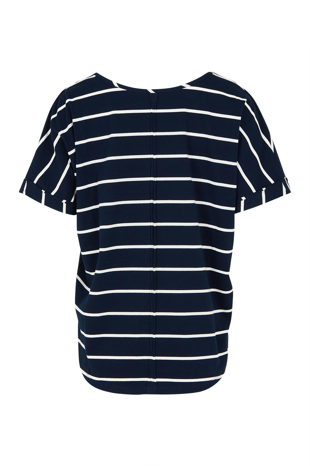 Product shot of The Striped V Neck Tee in colour Navywhite (Blue), from the back