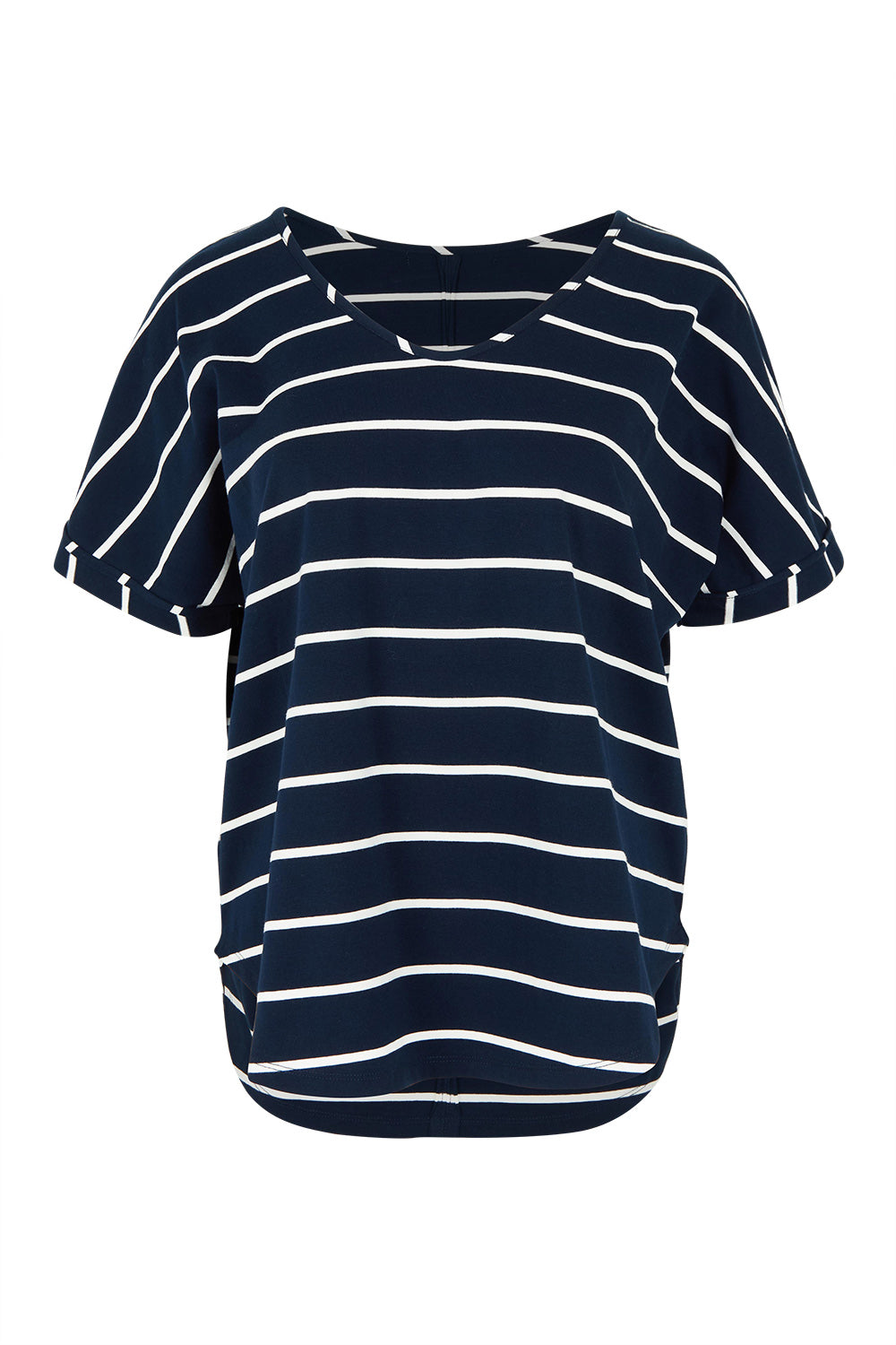 Product shot of The Striped V Neck Tee in colour Navywhite (Blue), from the front