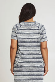Model Ashleigh wearing size 16 of The Striped Raglan Sleeve Tee in colour Navystripe (Blue), from the back