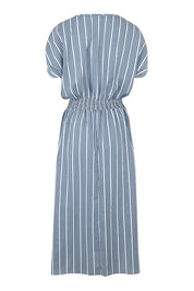 Product shot of The Cotton Shirred Waist Dress in colour Denimblue (Blue), from the back