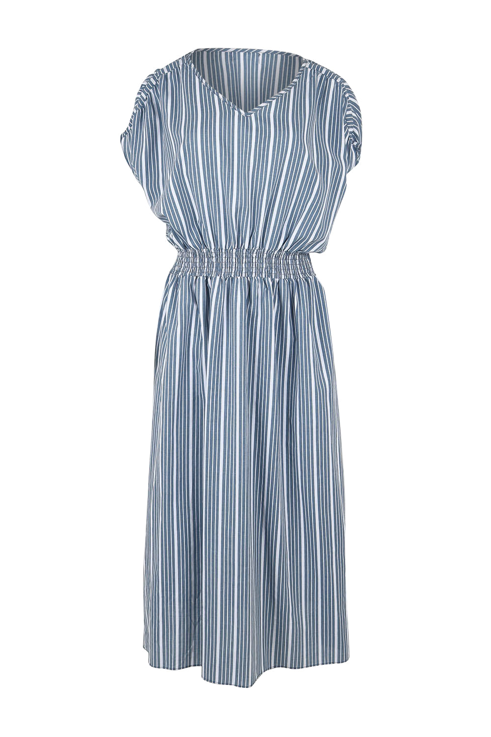 Product shot of The Cotton Shirred Waist Dress in colour Denimblue (Blue), from the front