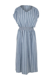 Product shot of The Cotton Shirred Waist Dress in colour Denimblue (Blue), from the front