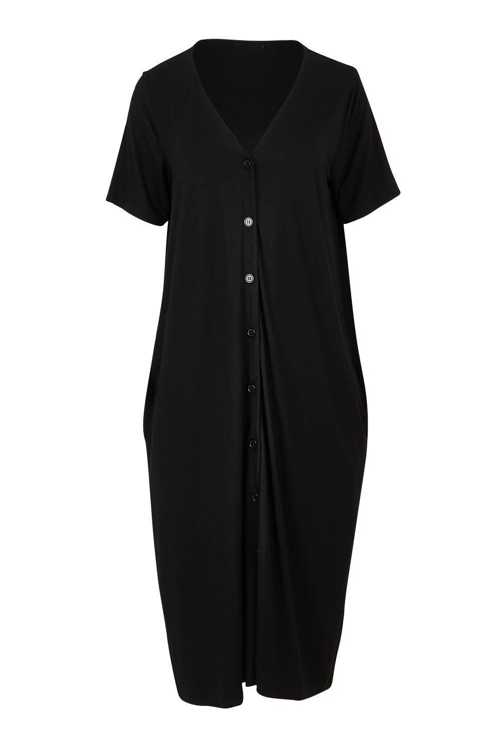 Product shot of The Pack &amp; Go Luxe Bamboo Button Up Dress with Pockets in colour Black (Black), from the front