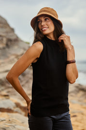 Model Amanda wearing size S of The Modal Blend Mockturtle Vest in colour Black (Black), from the front, showing the whole outfit