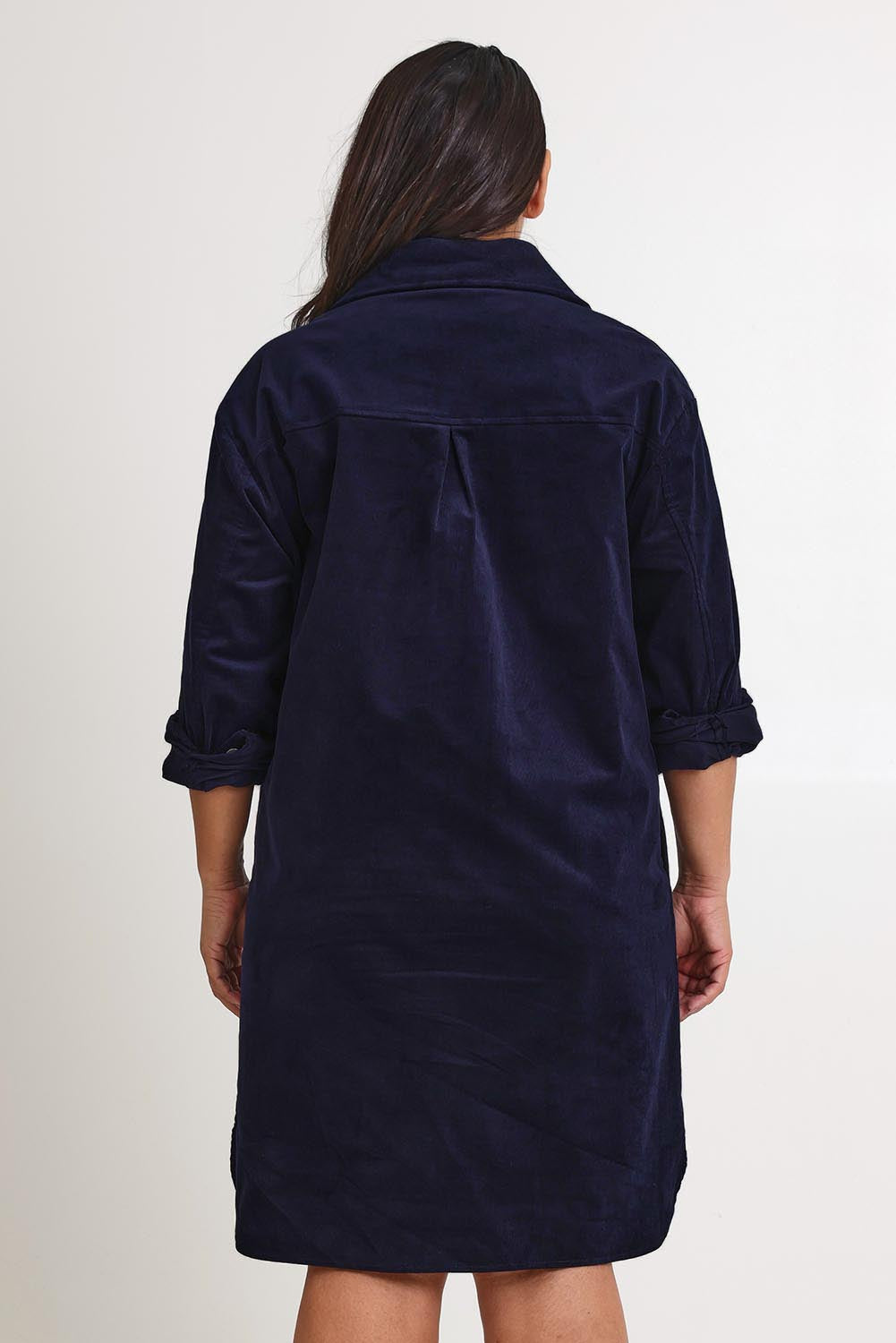 Model Ashleighf wearing size 16 of the The Cord Shacket Dress With Pockets – Darknavy in colour Darknavy, from the back
