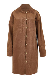 Product shot of The Cord Shacket Dress With Pockets in colour Mushroom, from the front