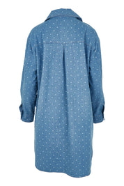 Product shot of The Printed Denim Shacket Dress With Pockets in colour Denimspot (Blue), from the back