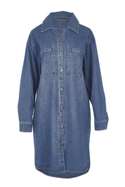 Product shot of The Denim Shacket Dress With Pockets in colour Denimblue (Blue), from the front