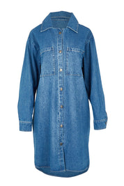 Product shot of The Denim Shacket Dress With Pockets in colour Denimblue (Blue), from the front