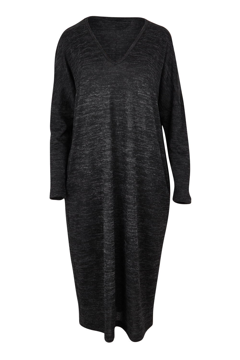 Product shot of The Relaxed L/S Tee Dress With Pockets in colour Blackmarle (Black), from the front